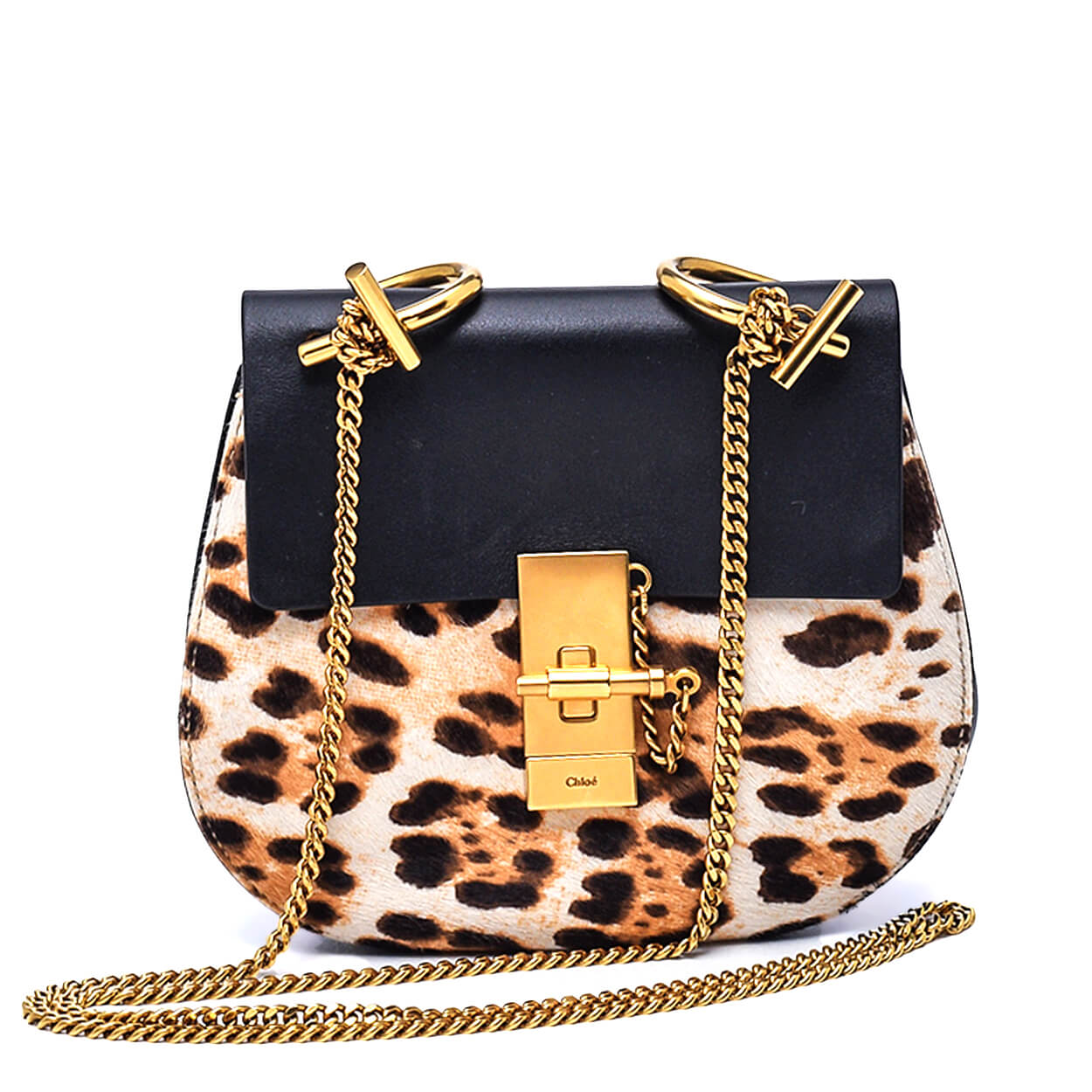 Chloe- Black Calfskin Calf Hair Leopard Print Mini Drew Bag